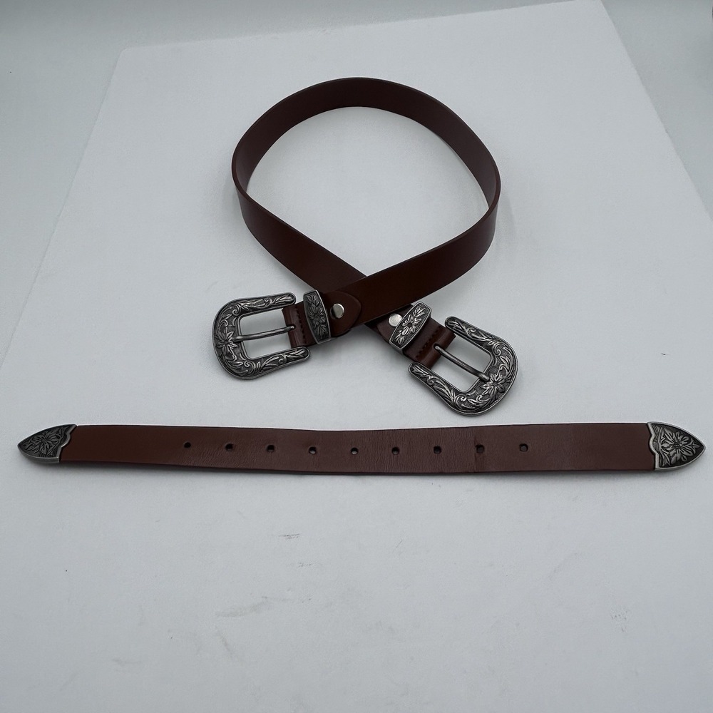 Women Faux Leather Belt Vintage Western Cowgirl Brown Double Buckle Design‎ Sz L - Picture 4 of 7